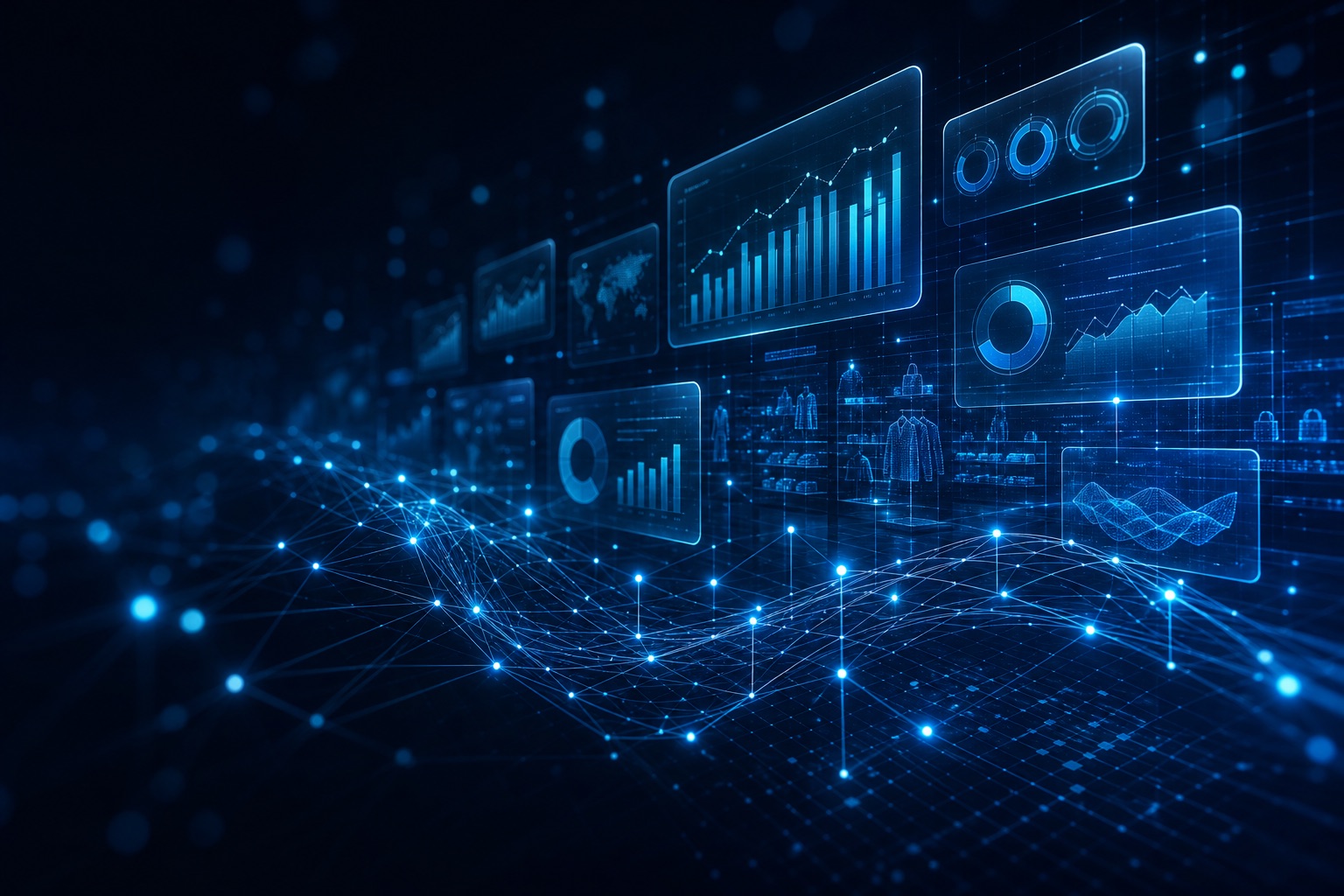 Abstract data-visualization dashboards representing S4 retail technology