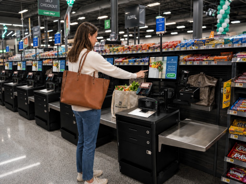 Shopper using S4 UCheX self-checkout in a grocery store