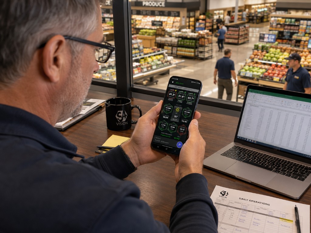 Grocery manager reviewing S4Vision store analytics on a phone in the store